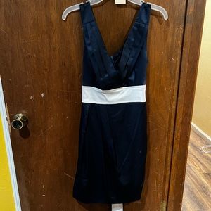 Silky navy blue cocktail dress with white ribbon